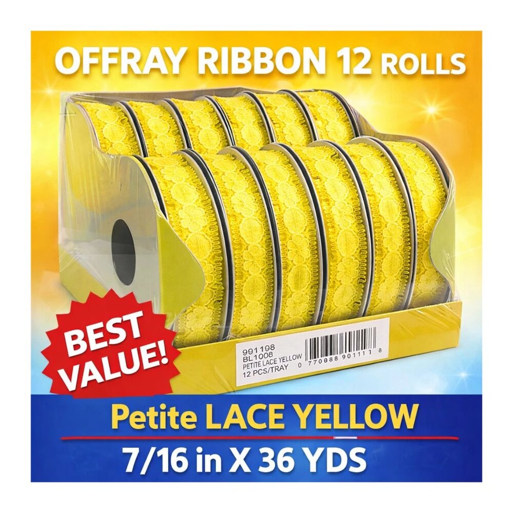 OFFRAY RIBBON 12 ROLLS Petite LACE YELLOW 7/16 in X 36YDS Nylon Trim Crafts Sew